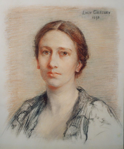 Color pastel sketch of Augusta Lady Gregory by Lisa Stillman in 1893 made for Robert Gregory